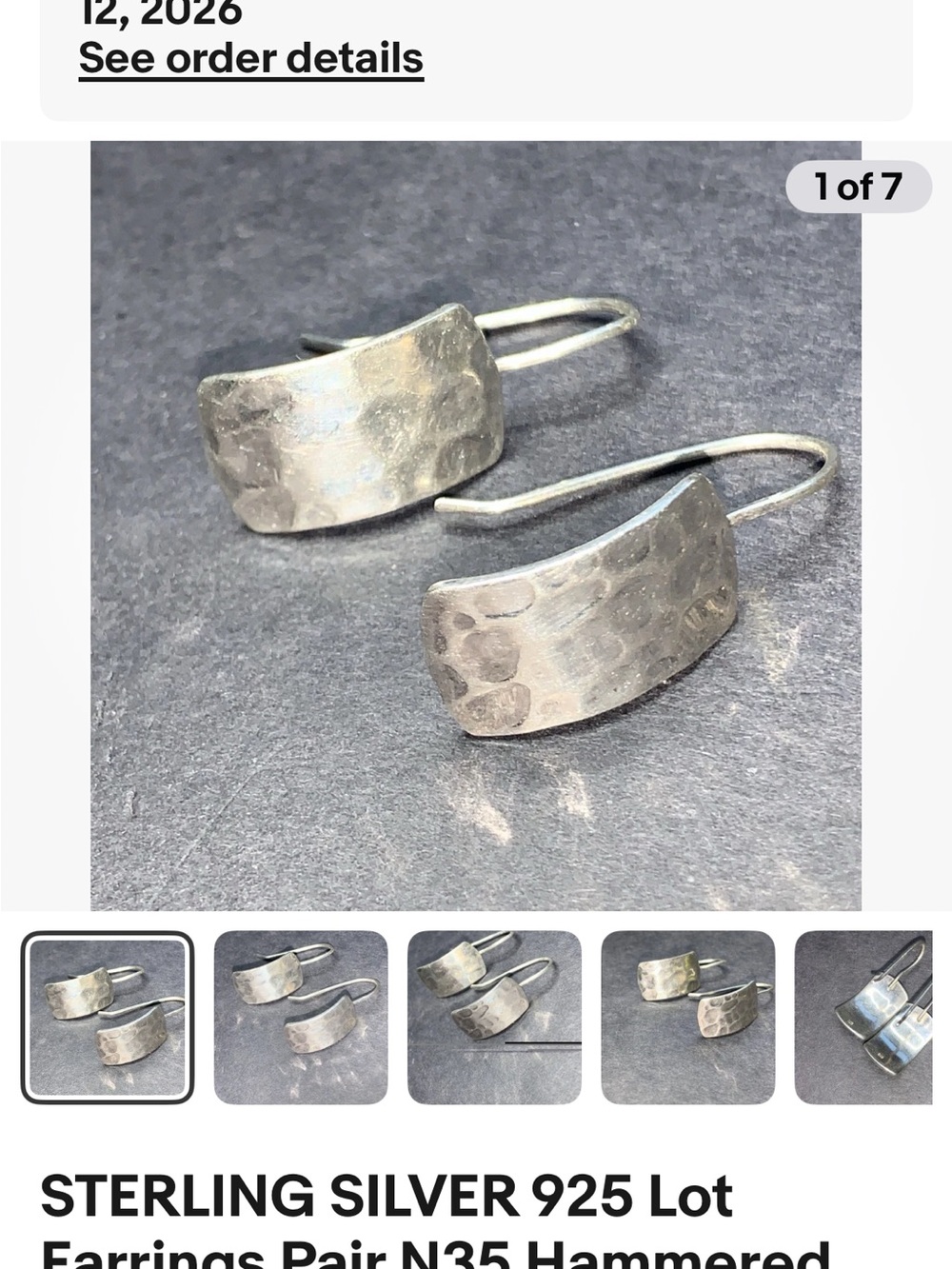 925 Sterling Silver Hammered Curved Drop Earrings - Silver